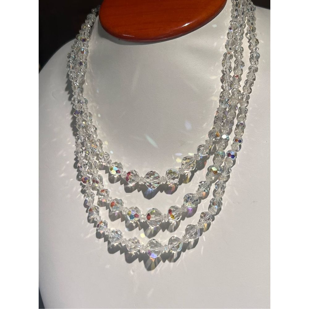 Vintage 50's Triple Strand Aurora Borealis Glass Bead Necklace Faceted Beads